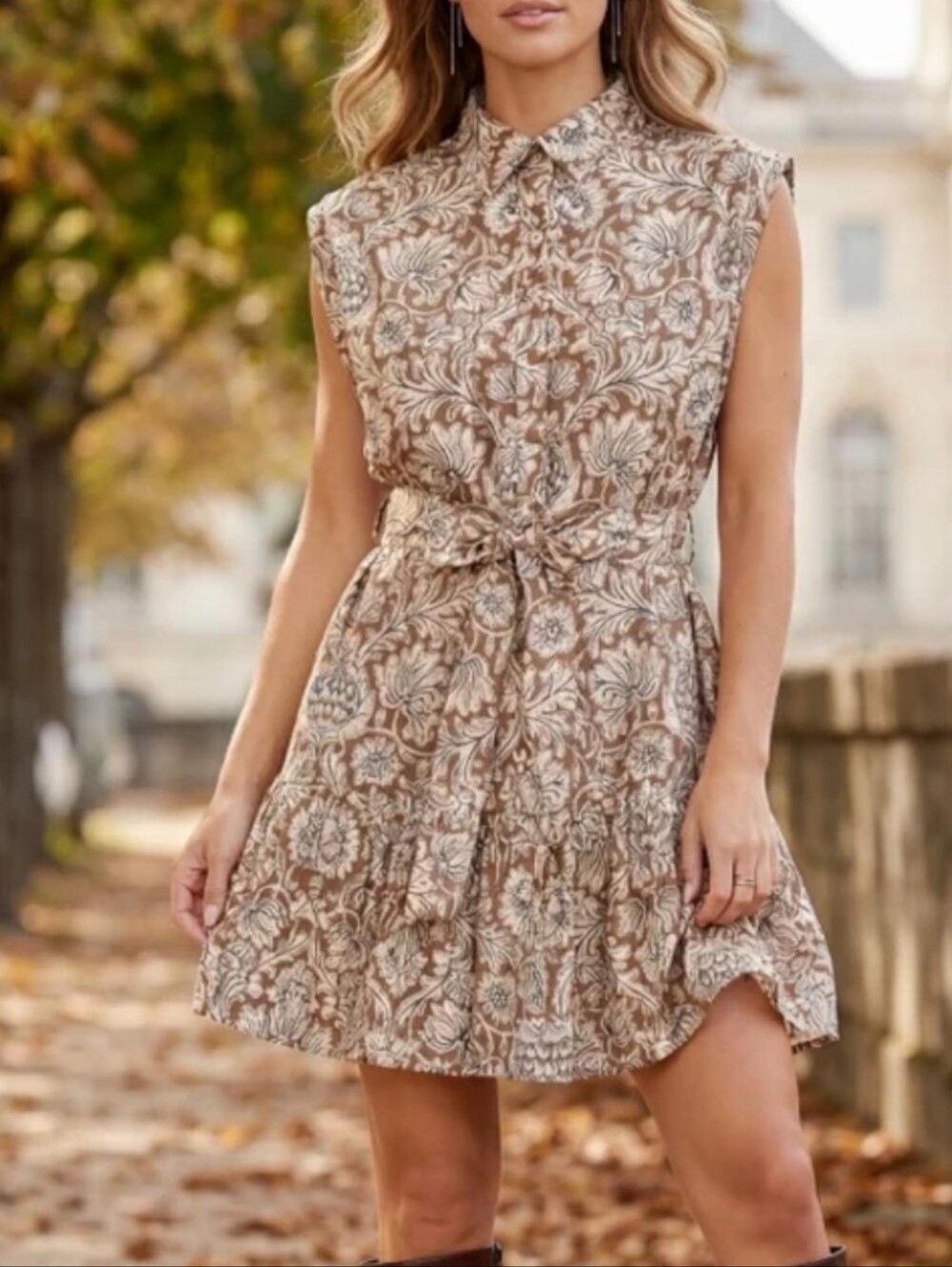 NWT She And Sky Sleeveless Maple Bloom Floral Tie-Waist Mini Dress. Boho Chic